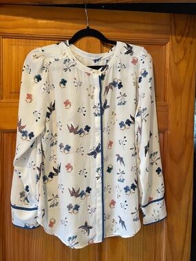 LOFT White Blouse with Blue and Teal Floral Print